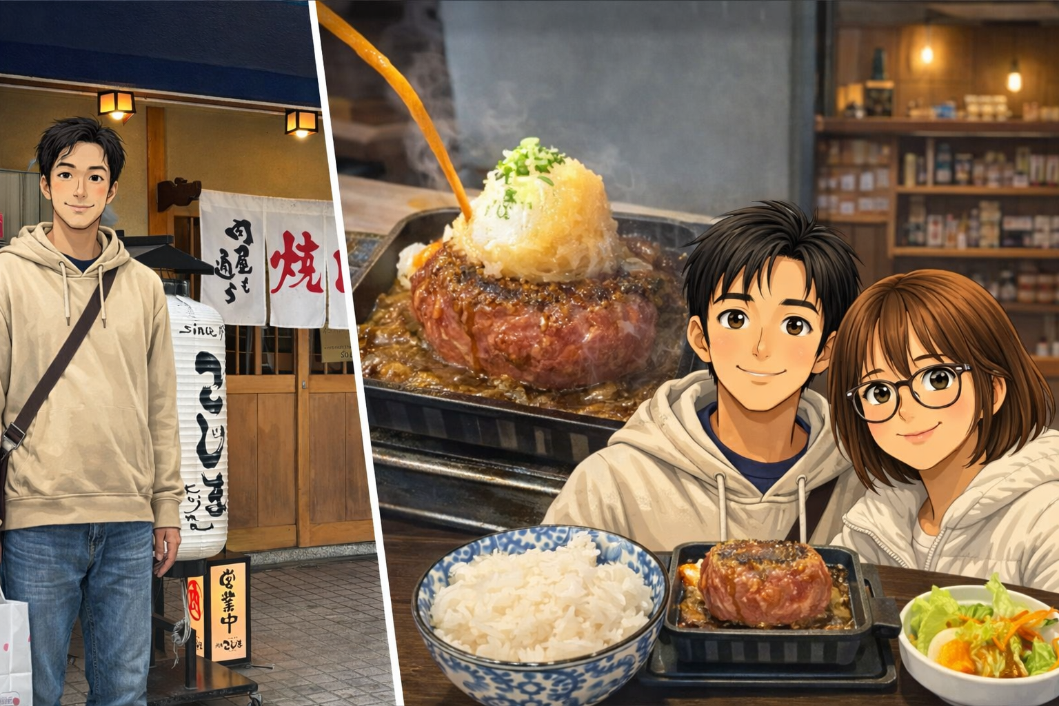 焼肉店の外観と料理、カップルの写真を横長にまとめたブログ用画像