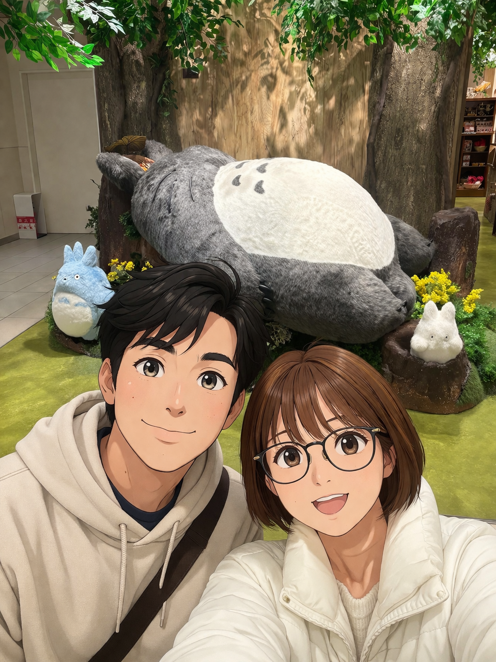 トトロの前で記念撮影した2人の写真