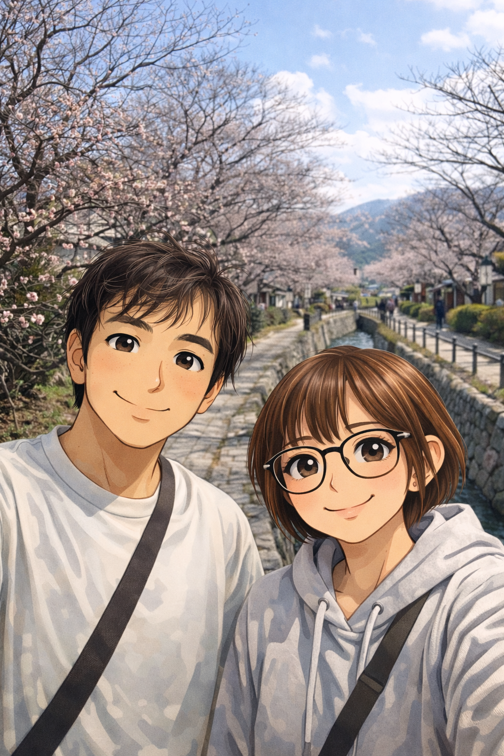 京都・哲学の道で梅が咲き始めた中、散歩中に撮影した2人の写真