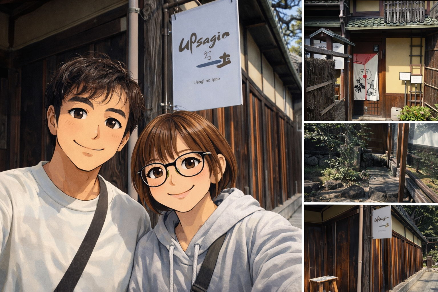 京都平安神宮近くの和カフェ「卯sagiの一歩」を訪れたカップルの写真と店内外の様子