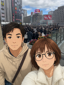 多くの人で混雑する梅田駅前デッキを背景に、男女2人が自撮りしている写真。ビルや大型看板が並ぶ街並みと密集した人混みの様子が特徴で、人物の顔はアニメ風のイラストに加工されており、写真とイラストが融合したビジュアルになっている。