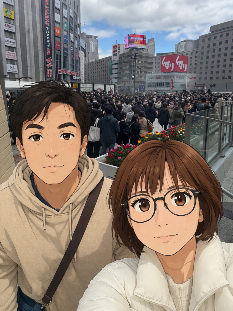 多くの人で混雑する梅田駅前デッキを背景に、男女2人が自撮りしている写真。ビルや大型看板が並ぶ街並みと密集した人混みの様子が特徴で、人物の顔はアニメ風のイラストに加工されており、写真とイラストが融合したビジュアルになっている。