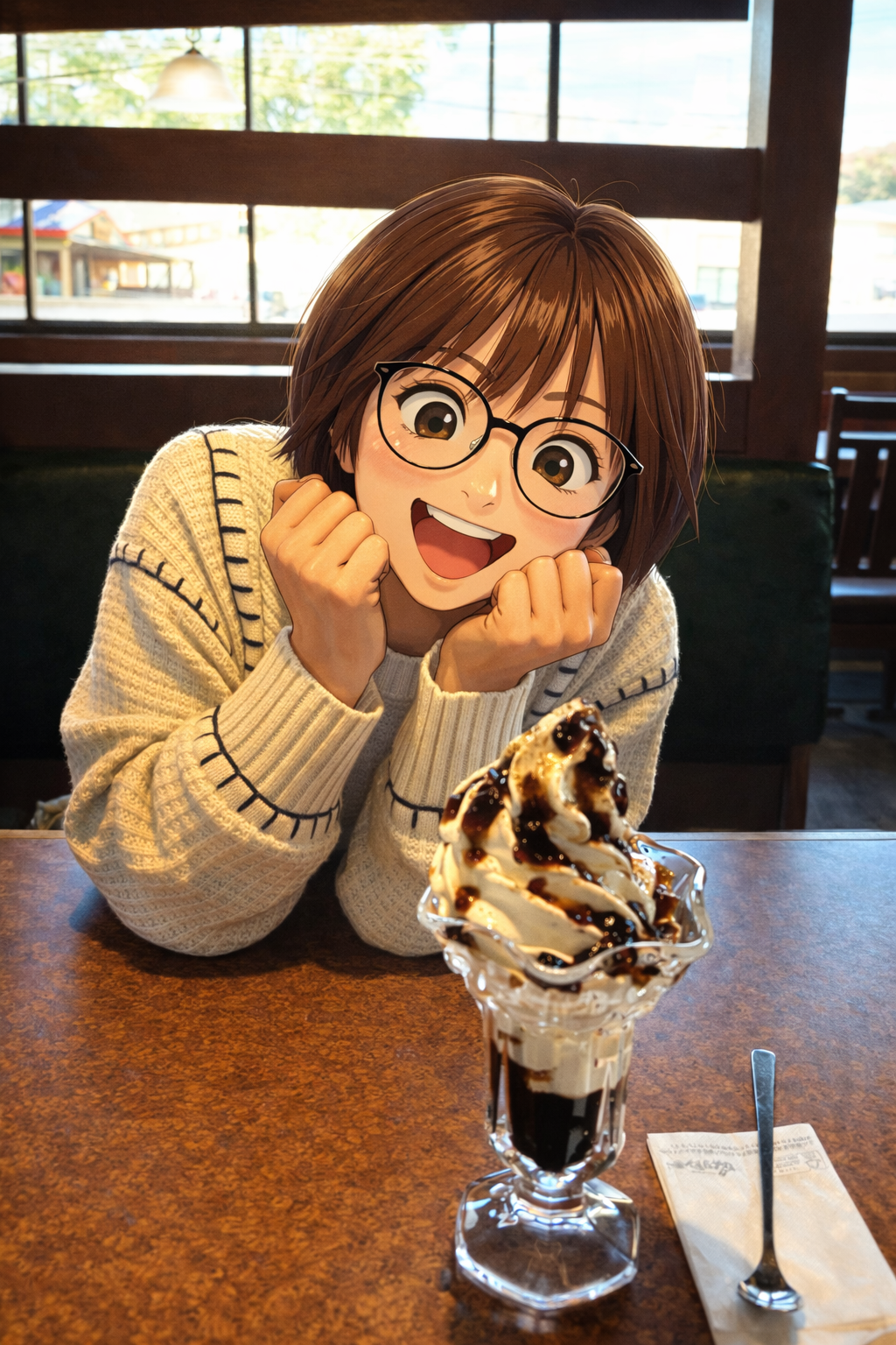 びっくりドンキーのテーブルに置かれたチョコレートパフェを前に、嬉しそうな表情の女性が座っている写真。顔はアニメ風のイラストに加工されており、スイーツを楽しみにしている様子が伝わる。