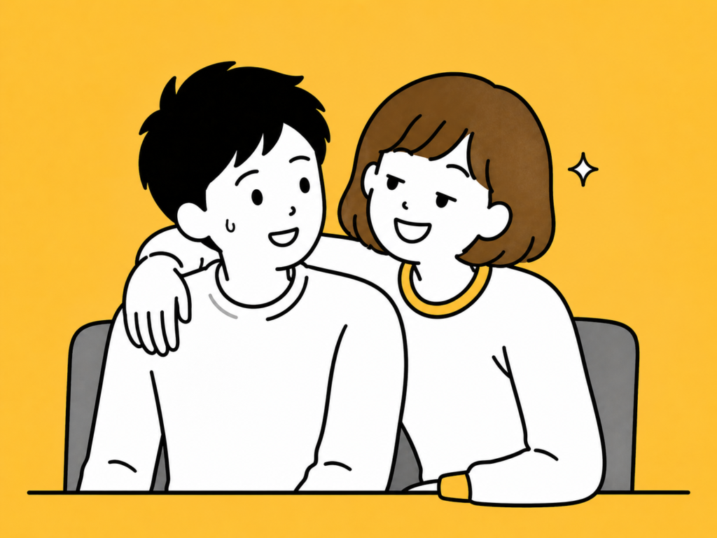 なべにの肩を抱きながら、ニヤニヤした表情で話しかけるまゆにと、少し困ったように苦笑いするなべにのイラスト