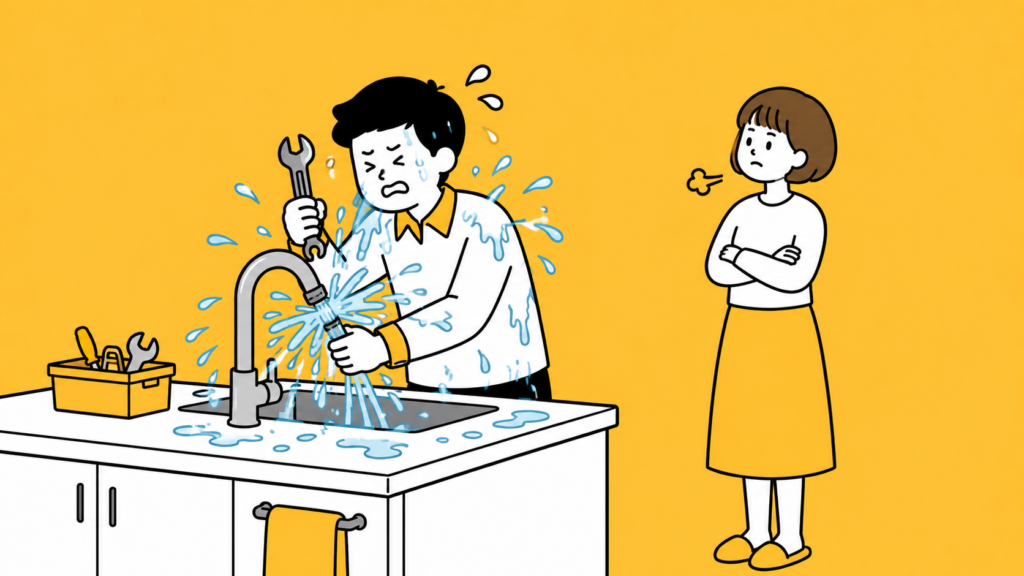 蛇口の修理に失敗して水を浴びるなべにを、呆れ顔で見つめるまゆにのイラスト