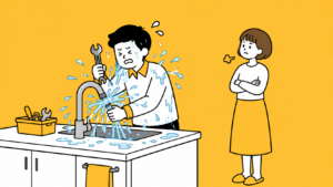 蛇口の修理に失敗して水を浴びるなべにを、呆れ顔で見つめるまゆにのイラスト