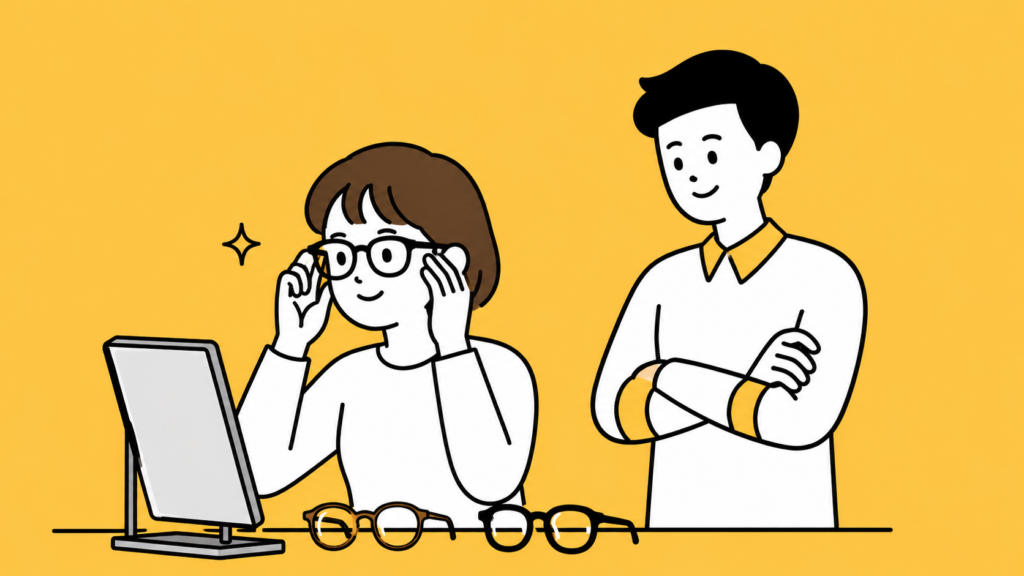 メガネを試着するまゆにを、後ろで微笑みながら見守るなべにのイラスト